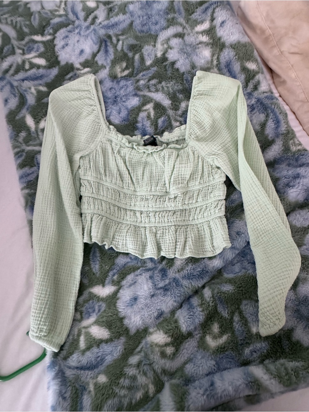 wild fable Pastel Mint Smocked Long Sleeve Crop Top